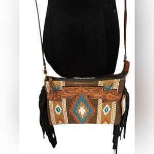 NWT Rafter T Aztec Crossbody w/ Tooled Leather and Fringe Accents